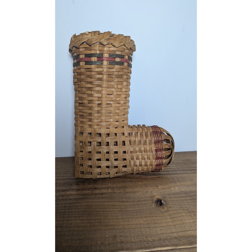 N. Wells Signed Hand Woven Wood Splint Boot Stocking Basket Wall Pocket Rustic
